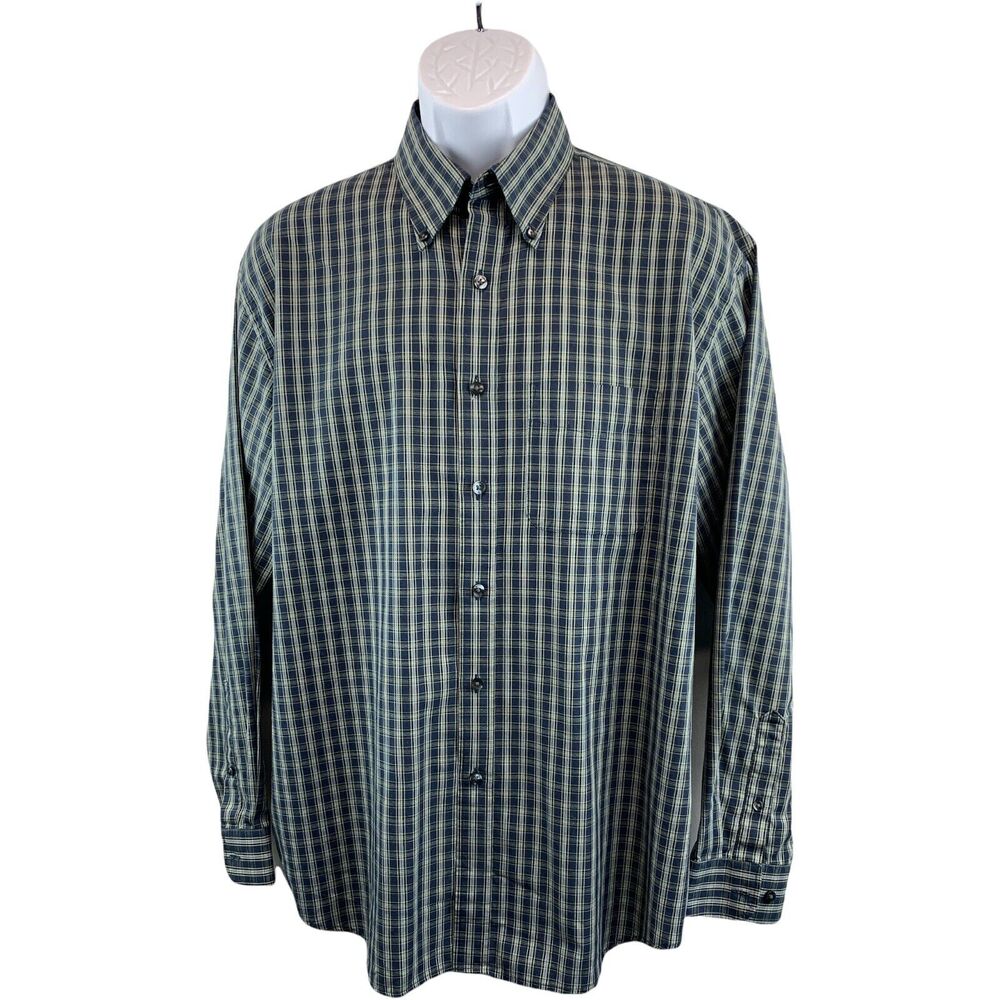VAN HEUSEN NO WRINKLE Men's Shirt Size Large Plaid Navy Blue Long Sleeve